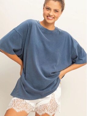 NEW Double Zero Cotton Oversized Navy Mineral Wash Tee M/L Boxy Relaxed Top